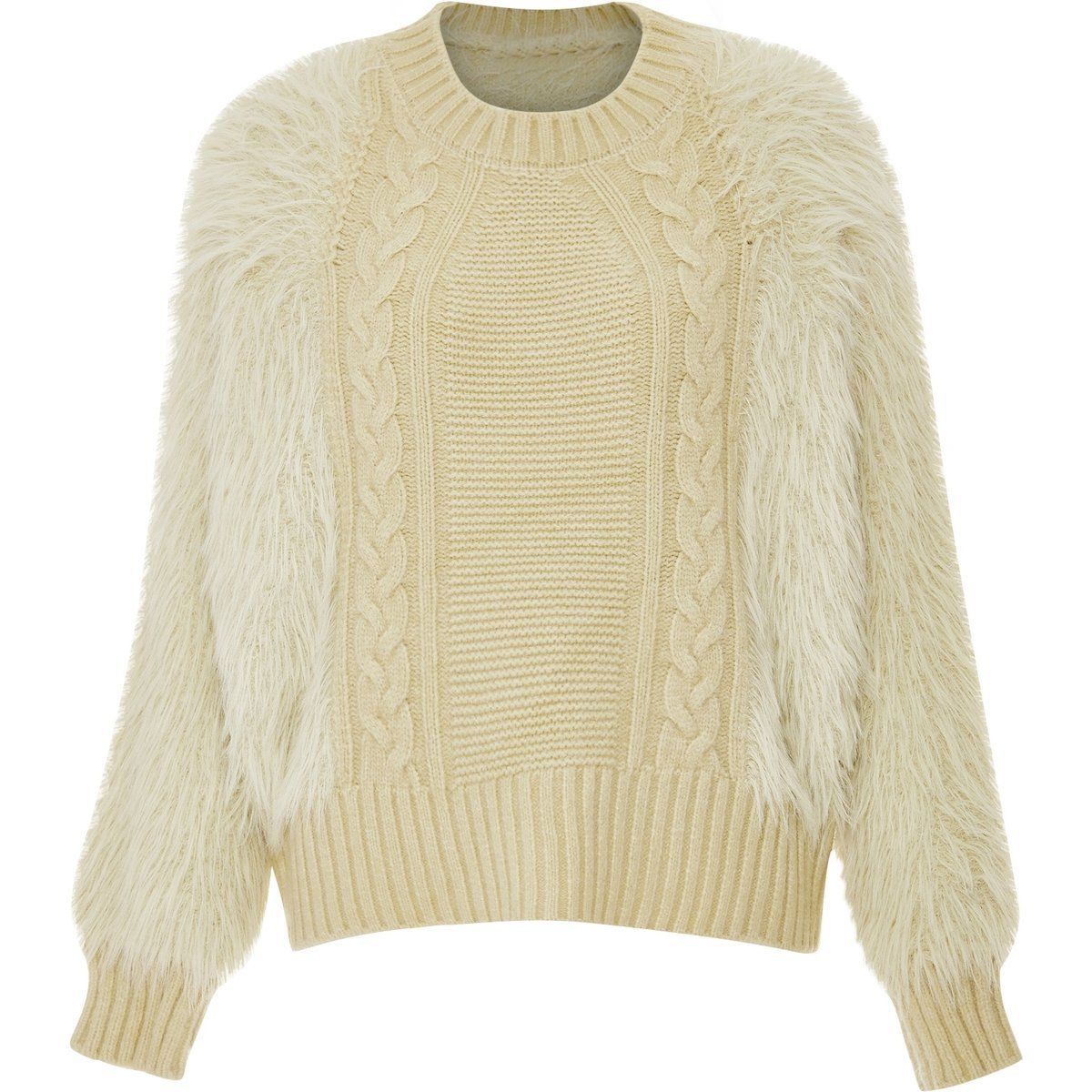 Zopfstrickpullover mit Kunstfell-Details