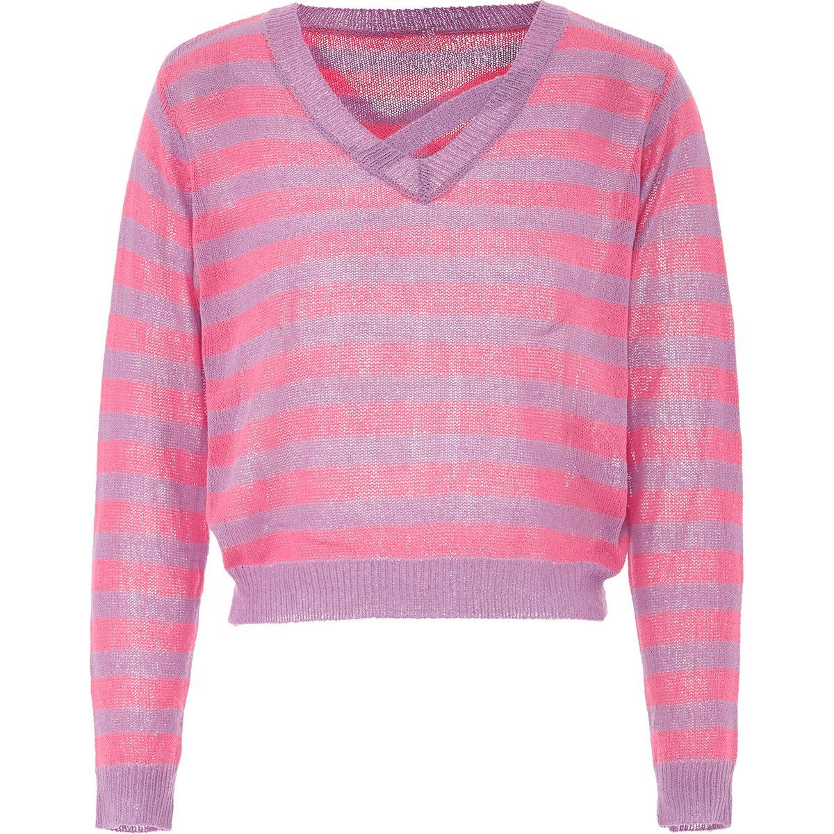 Gestreifter Feinstrick-Pullover mit V-Ausschnitt
