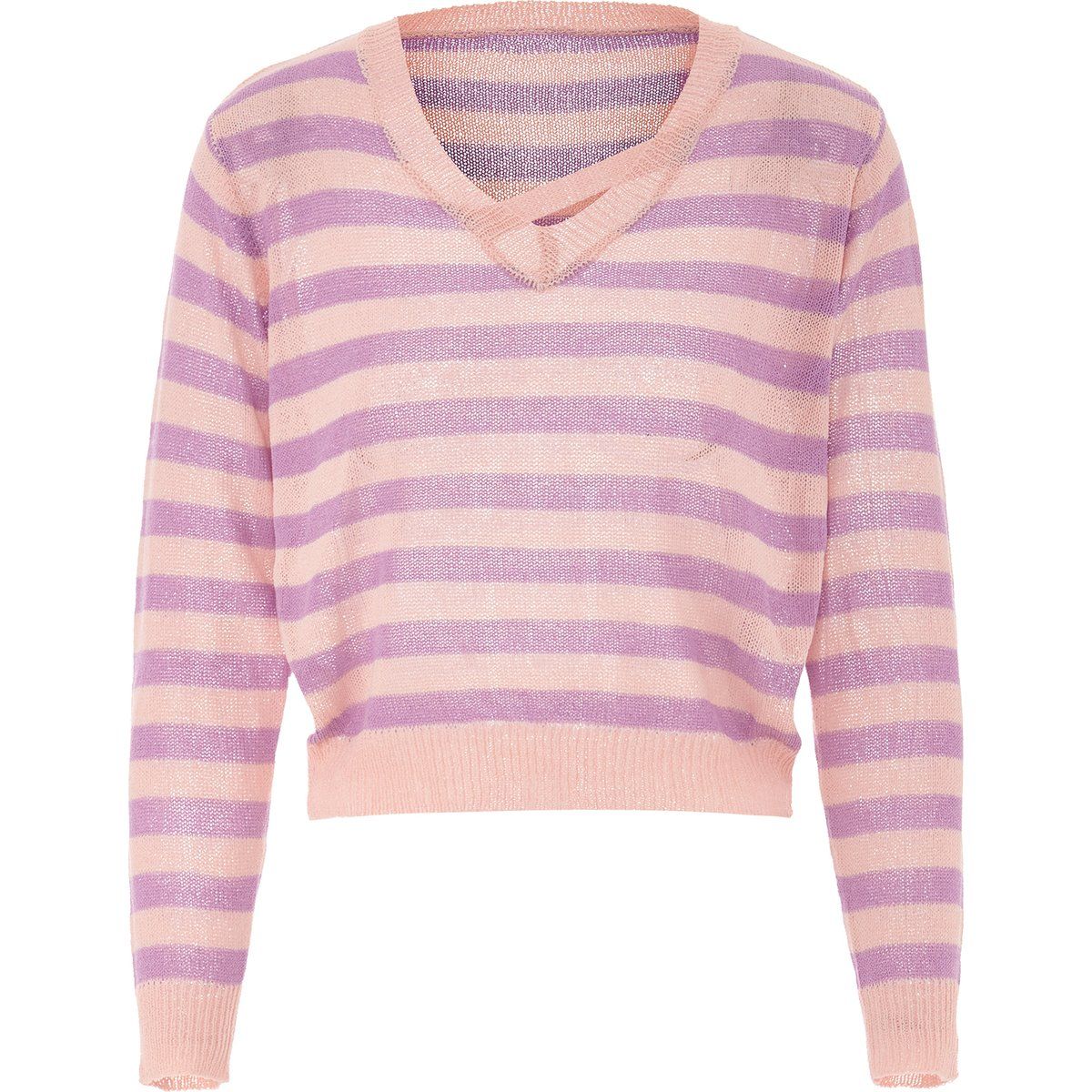 Gestreifter Strickpullover mit V-Ausschnitt