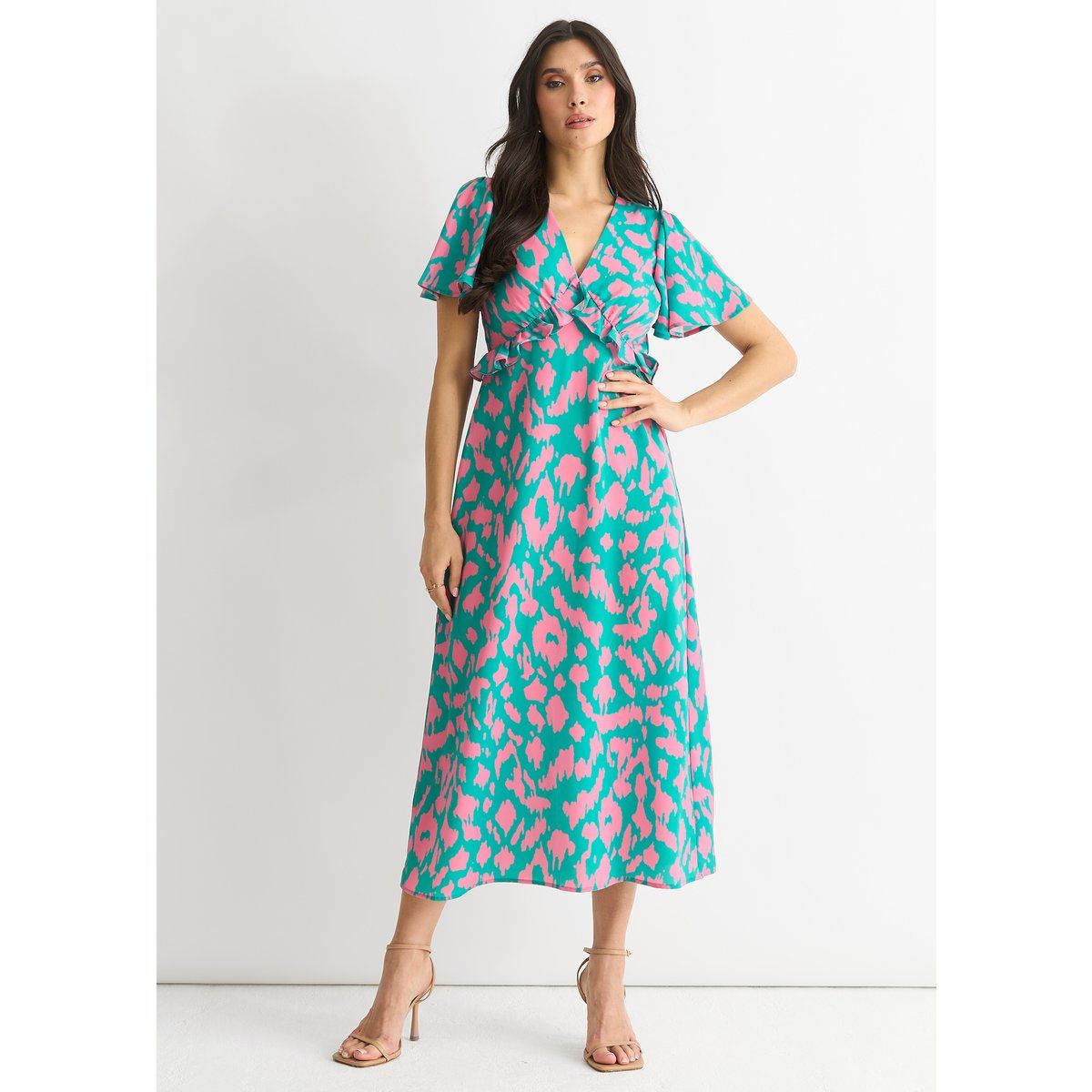 Midikleid mit Animal-Print und Rüschen