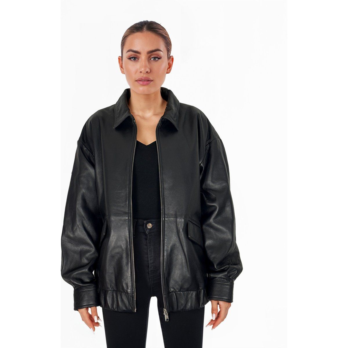 Oversize-Leder-Bomberjacke
