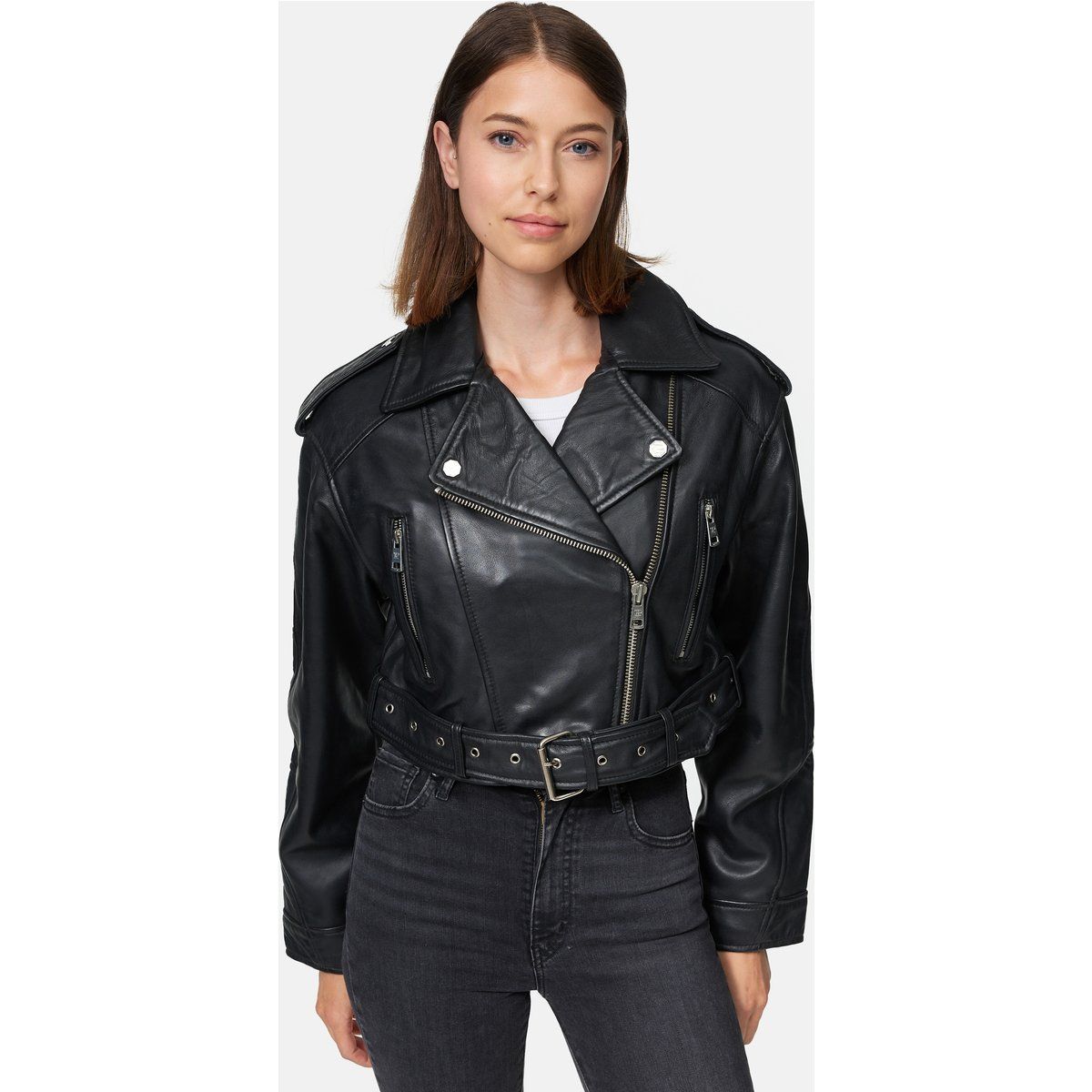 Kurze Biker-Lederjacke mit Gürtel