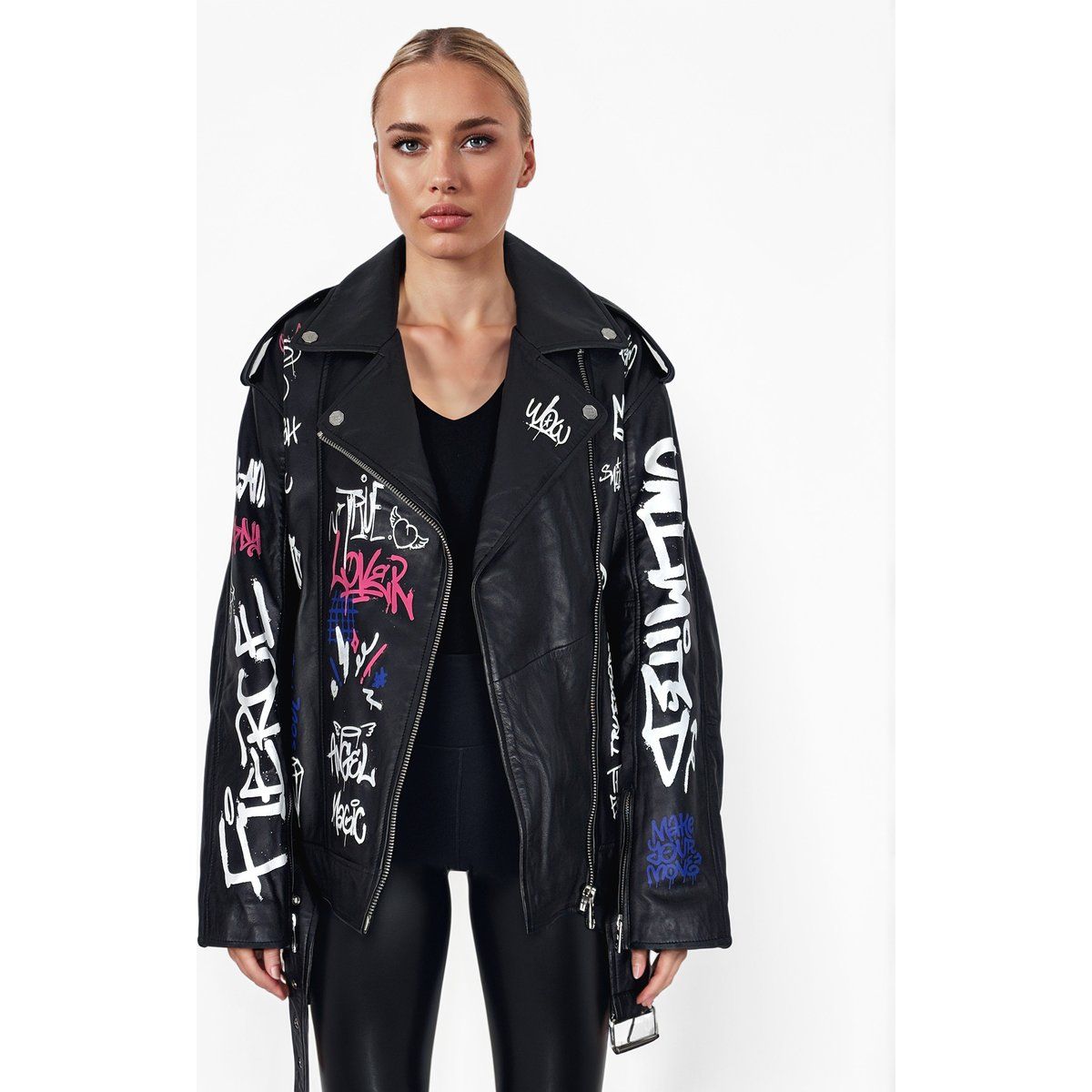 Biker-Lederjacke mit Graffiti-Print