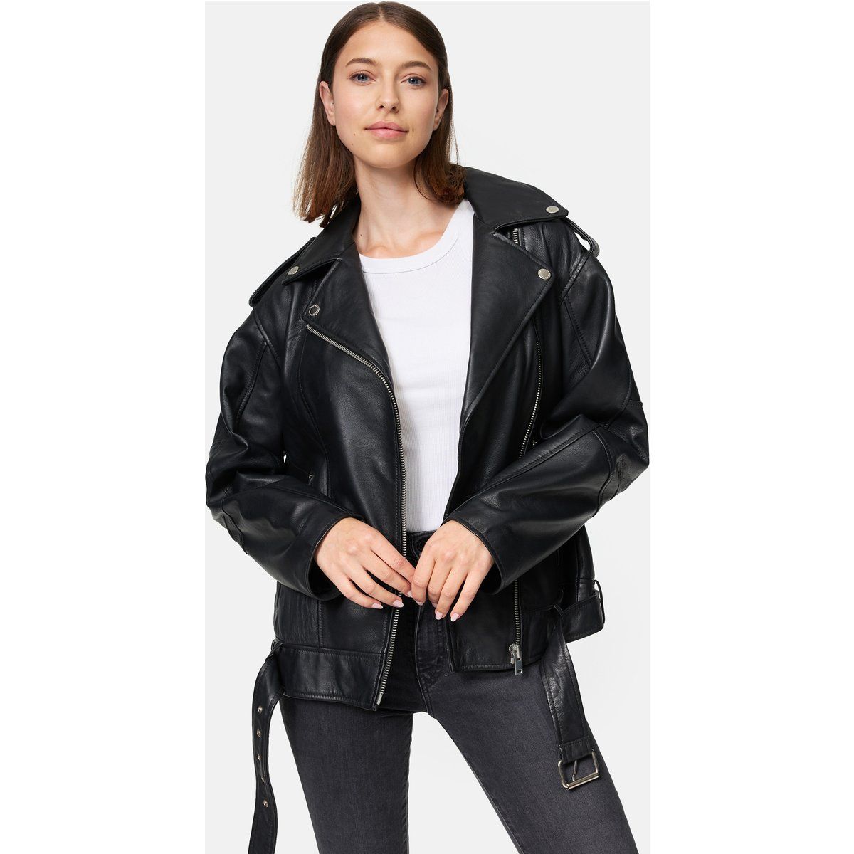 Übergroße Bikerjacke mit Gürtel