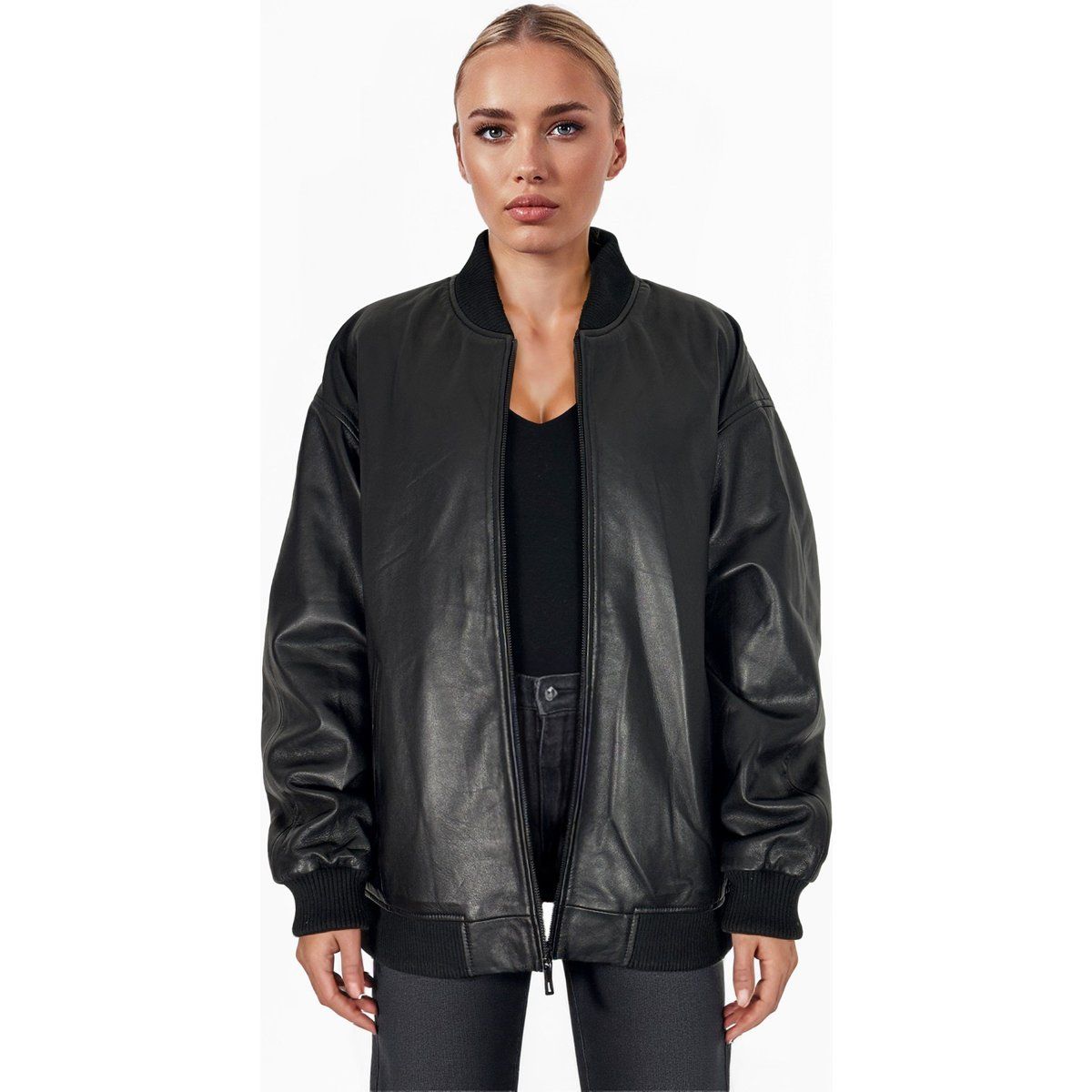 Oversized Minimalistische Leder-Bomberjacke