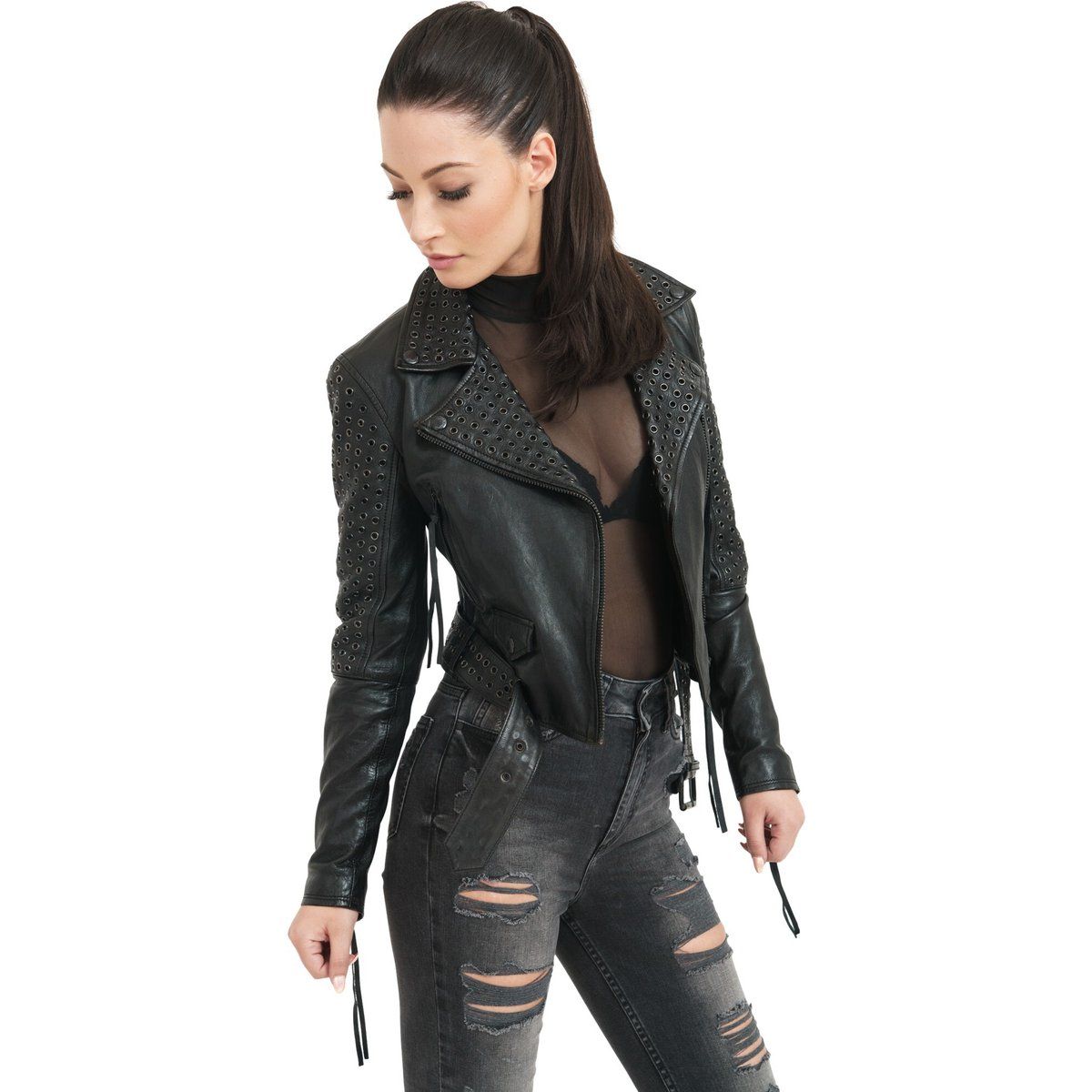 Leder-Bikerjacke mit Ösen-Details