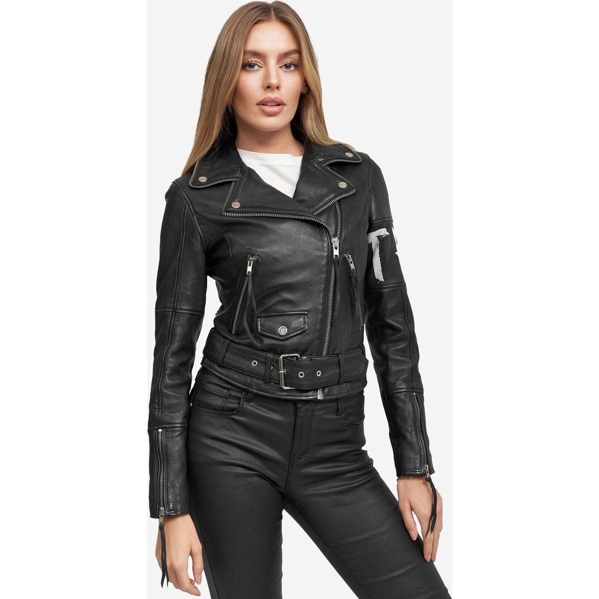 Biker-Lederjacke mit Grafik-Print