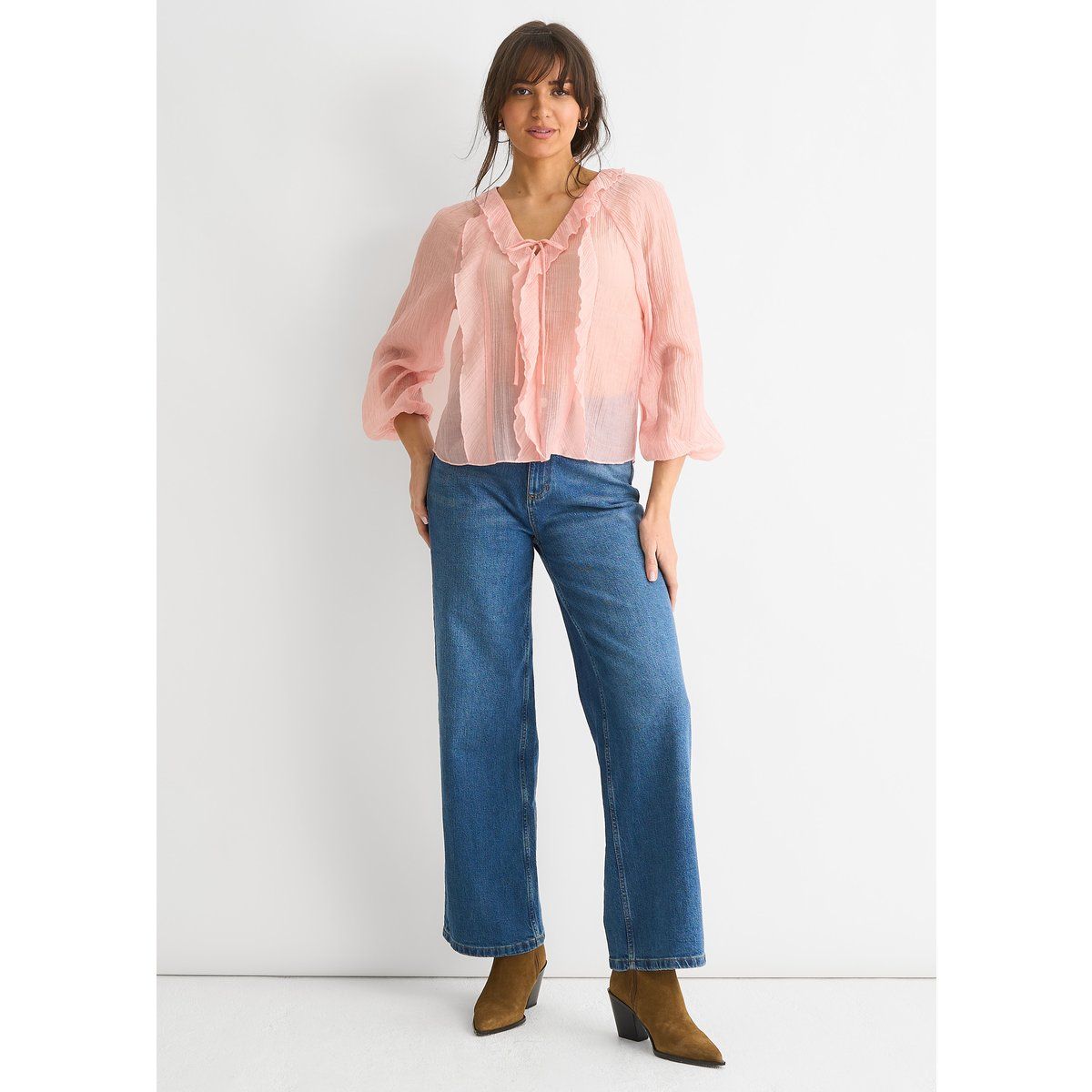 Transparente Rüschenbluse mit Bindedetail