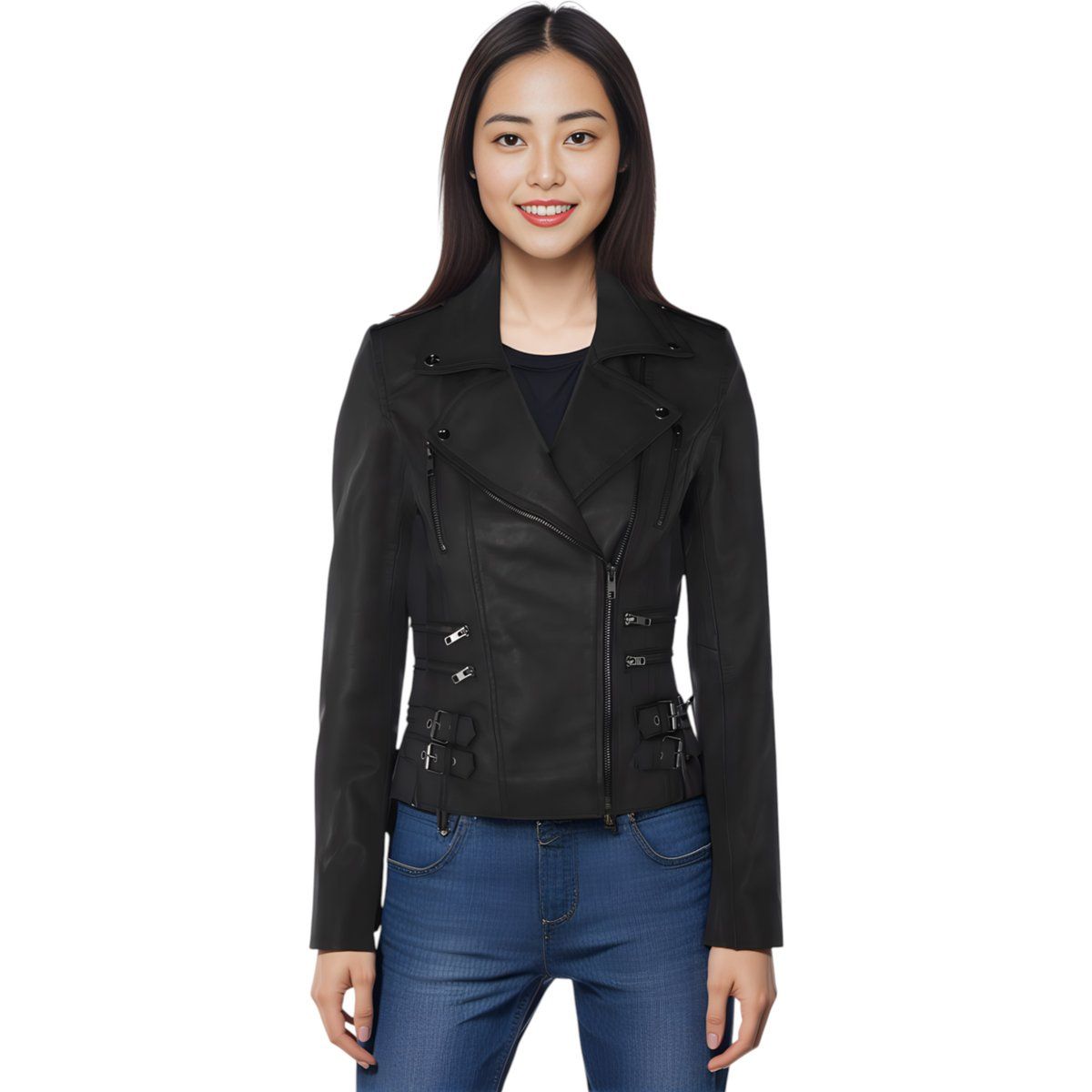 Asymmetrische Matte Leder-Bikerjacke