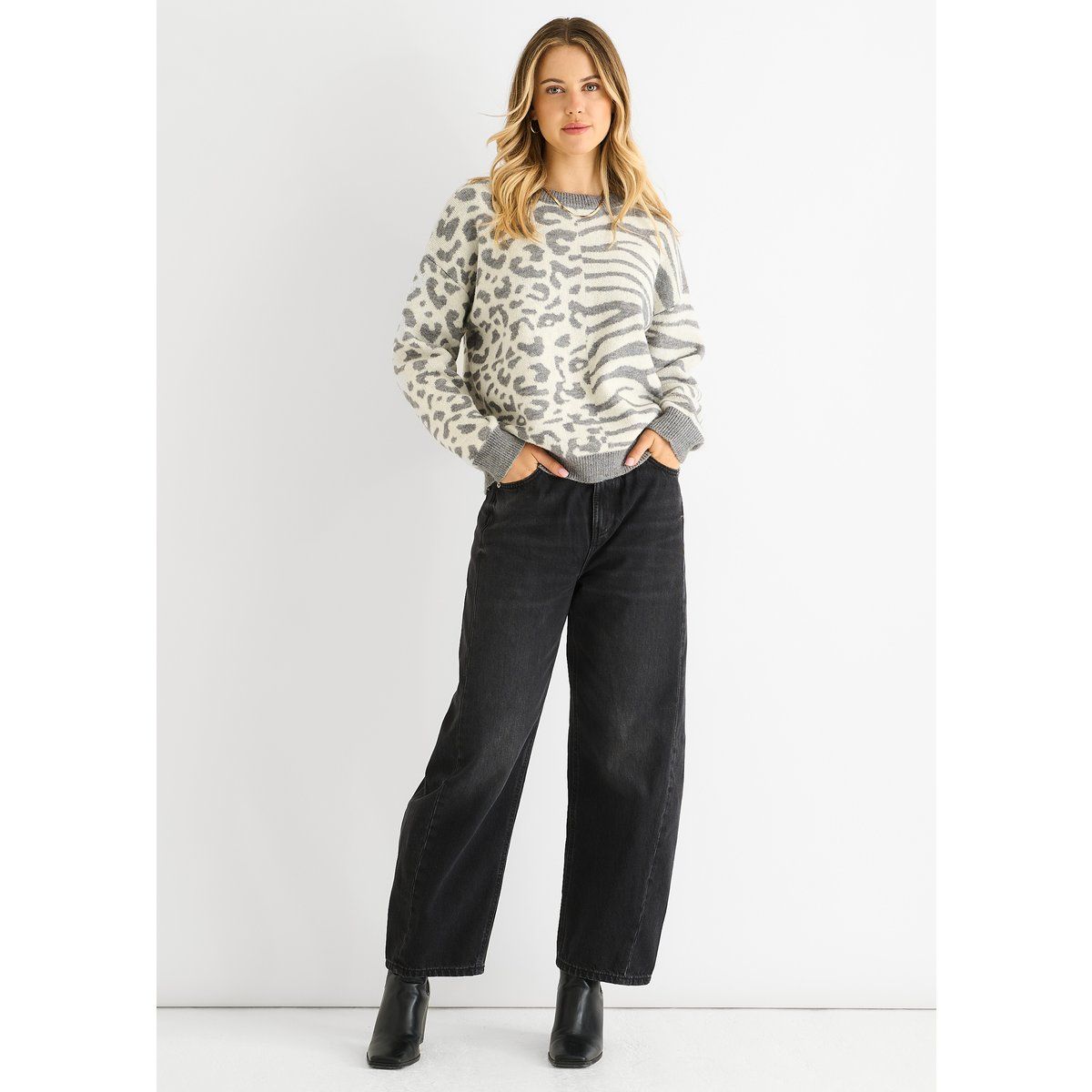 Tierprint-Pullover mit geteiltem Design