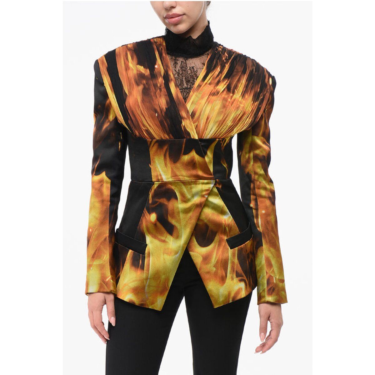 Kragenloser Satinblazer mit Flammenprint