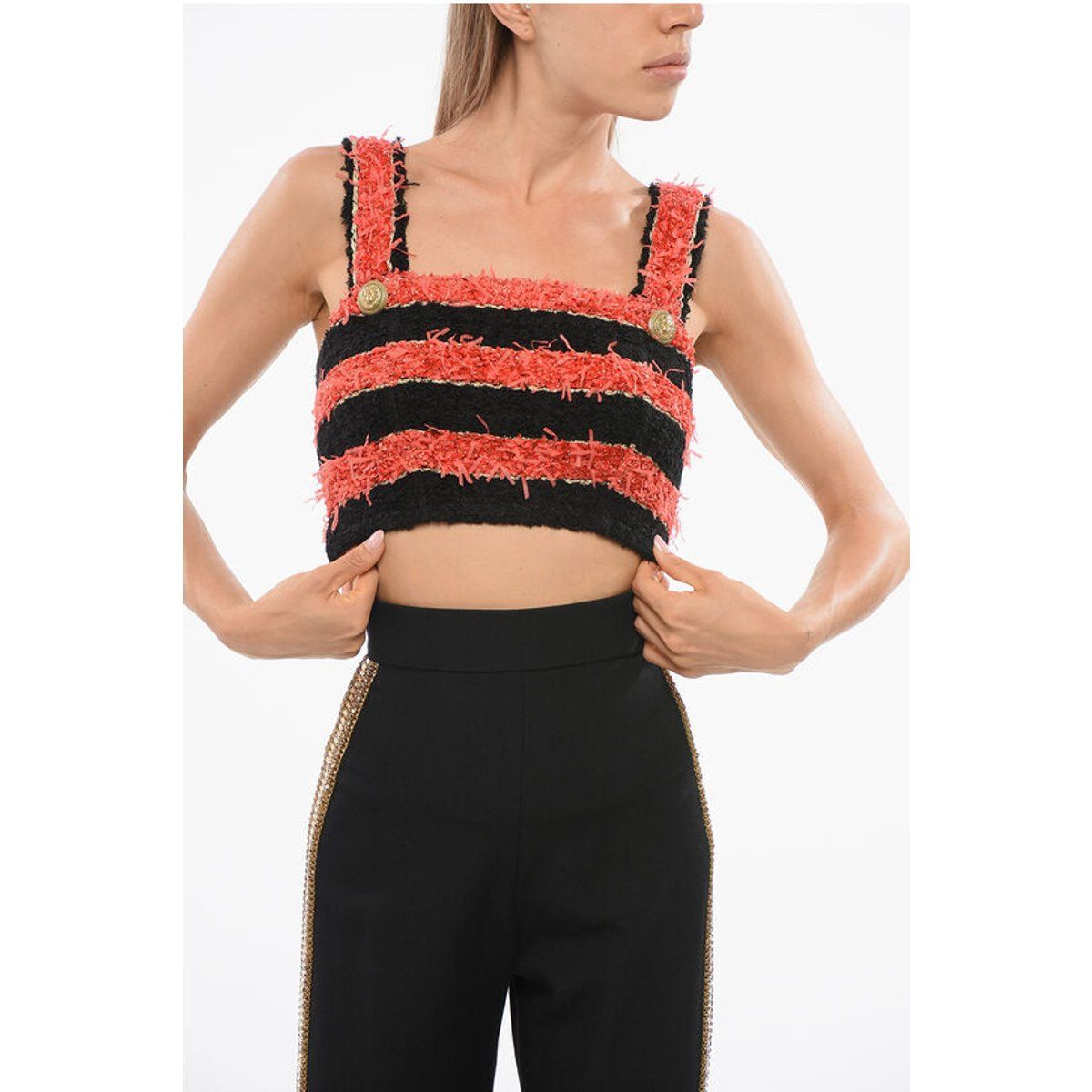 Strukturiertes Gestreiftes Tweed-Crop-Top