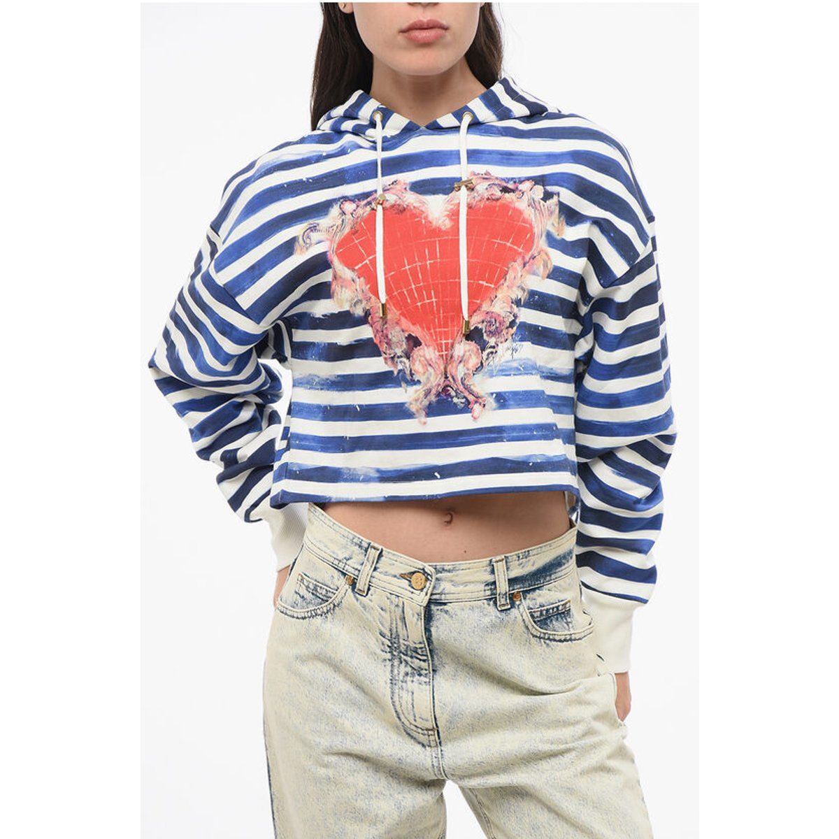 Gestreifter Cropped-Hoodie mit Herz-Print
