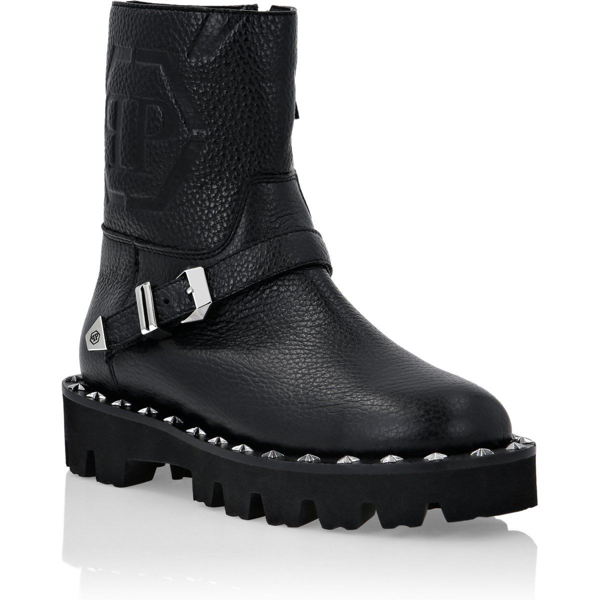 Genarbte Biker-Boots mit Nietenverzierung
