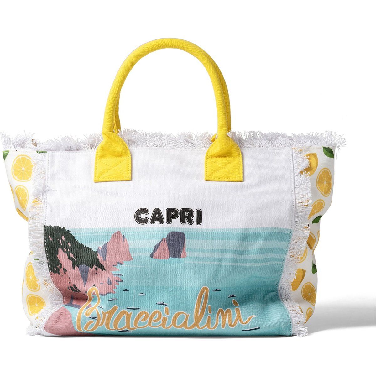 Canvas-Shopper mit Mittelmeer-Print und Fransen