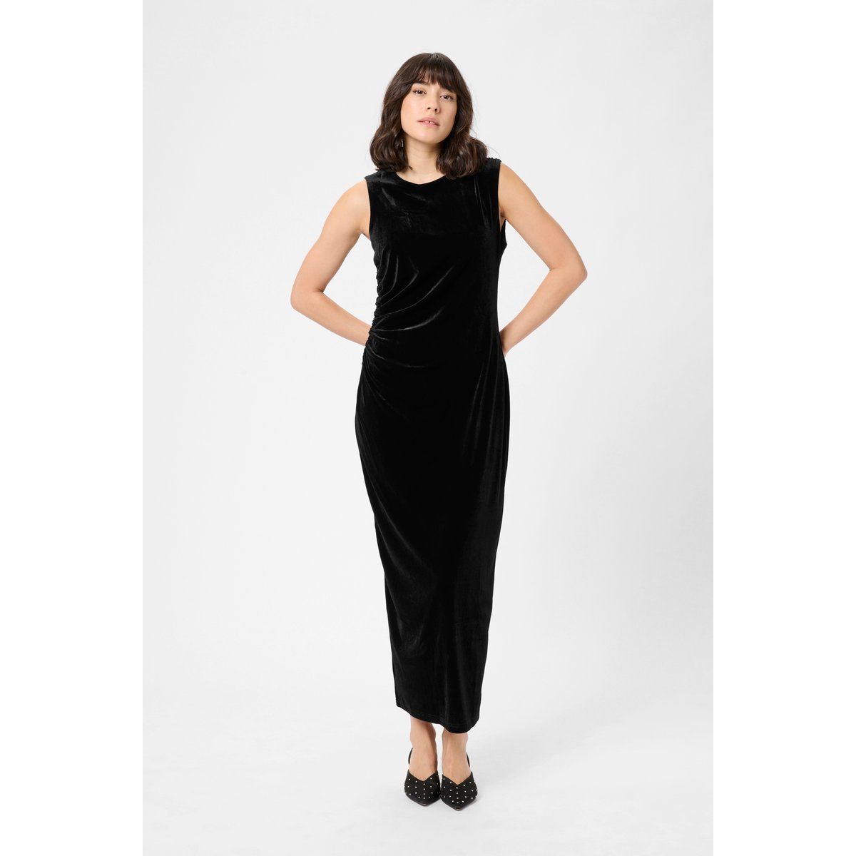 Ärmelloses Samt-Maxikleid mit Raffung