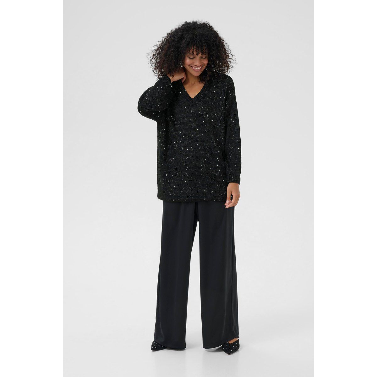 Oversize V-Ausschnitt Strickpullover mit Pailletten