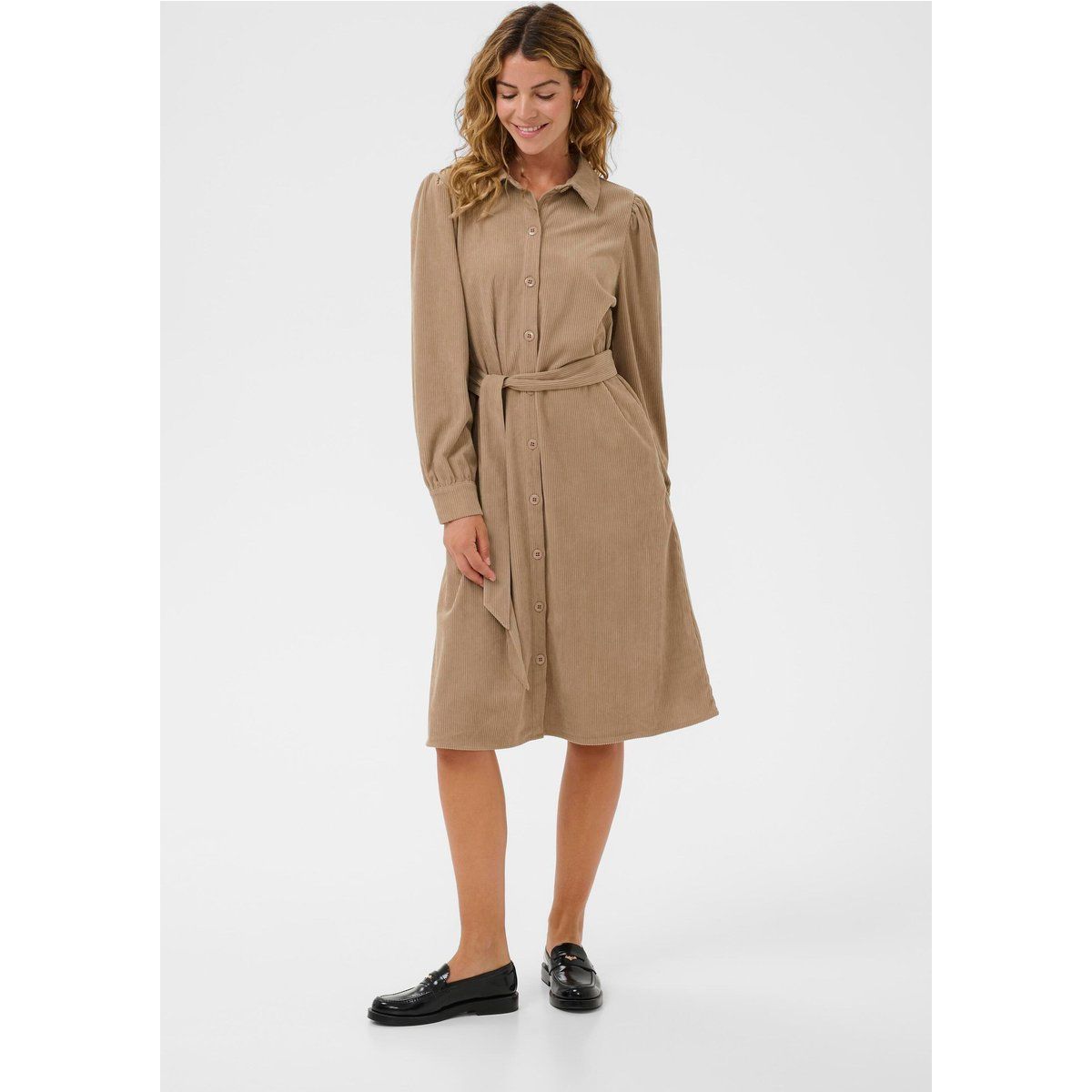 Midi-Cordkleid mit Bindegürtel