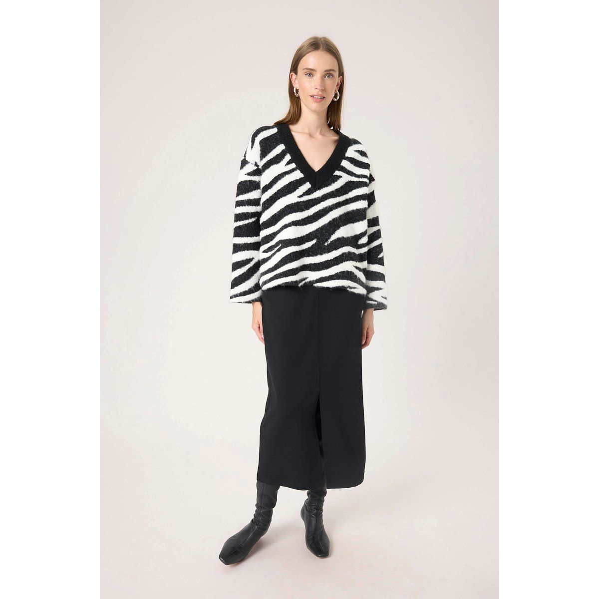 Zebra-Print V-Ausschnitt Baggy Strickpullover