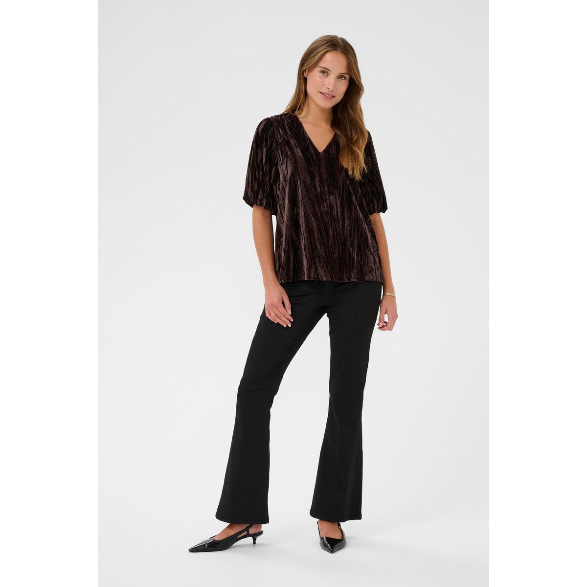 Elegante Velours-Bluse mit V-Ausschnitt
