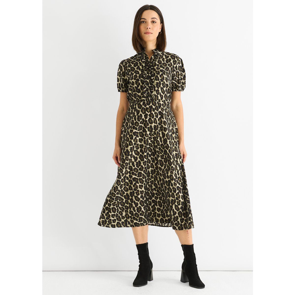 Midi-Kleid mit Tiermuster und Rüschen