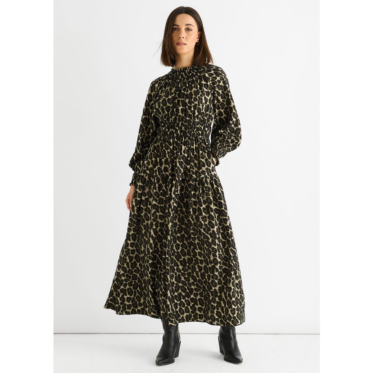 Maxi-Kleid mit Leopardenprint und Raffung
