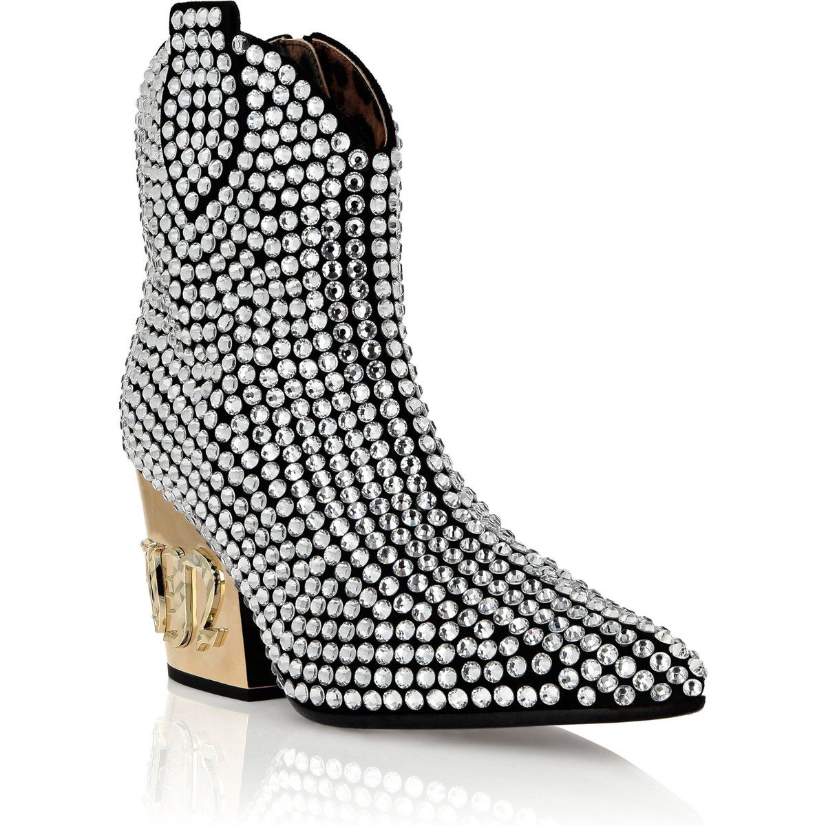 Kristallbesetzte Stiefel mit Metallabsatz