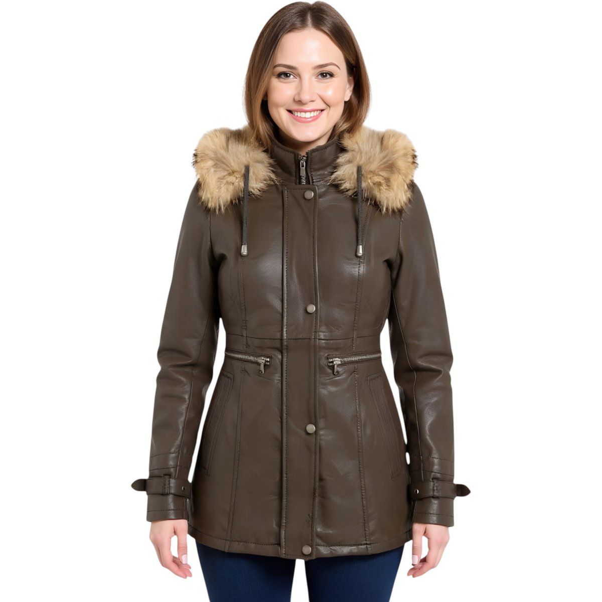 Nappa-Lederparka mit Pelzbesatz