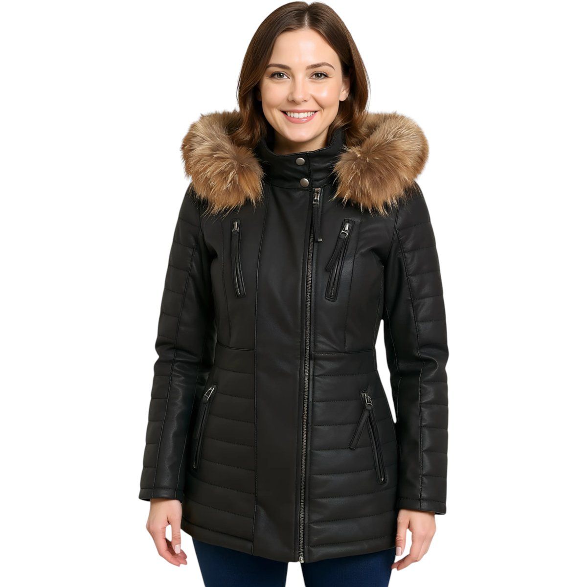 Gesteppter Lederparka mit Pelzkapuze