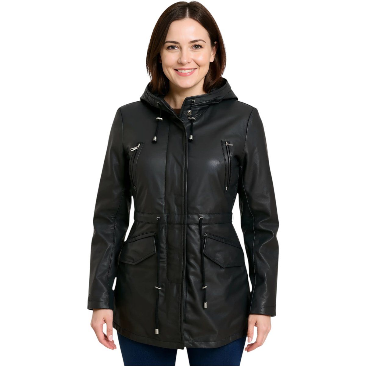 Leder-Parkajacke mit Kapuze