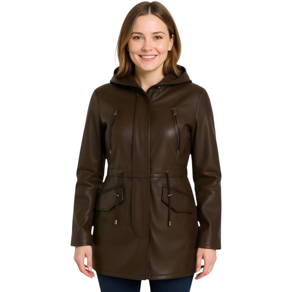 Lederparka mit Kapuze und Kordelzug