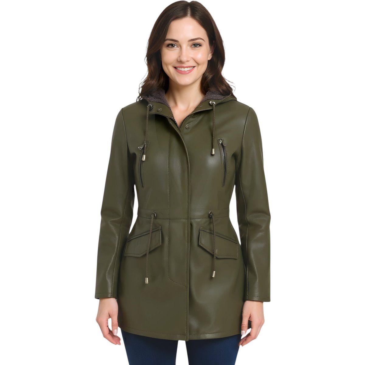 Lederparka mit Kapuze und Kordelzug