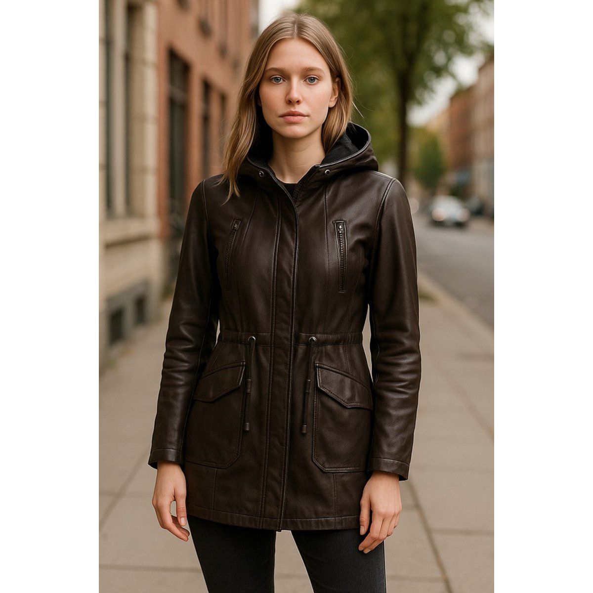 Lederparka mit Kapuze und Kordelzug