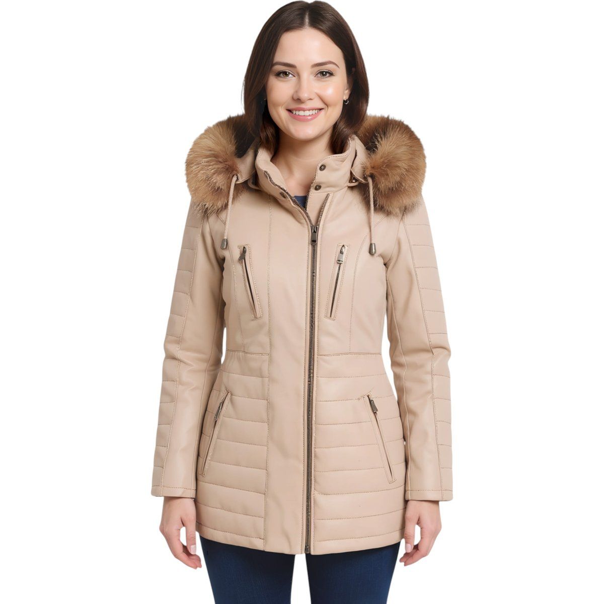 Gesteppter Lederparka mit Fellkapuze