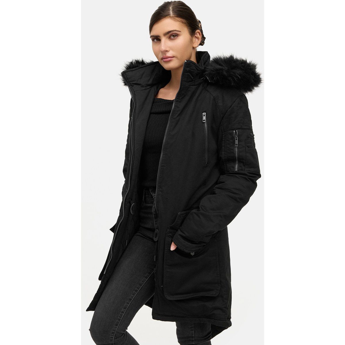 Langer Parka mit Kunstfellkapuze