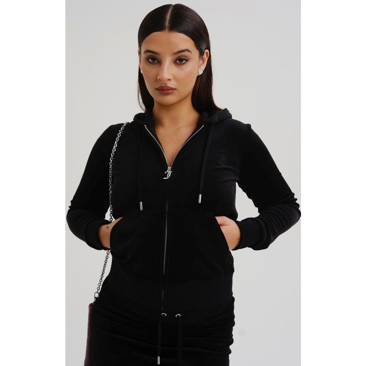 Schmal geschnittener Velours-Kapuzenpullover