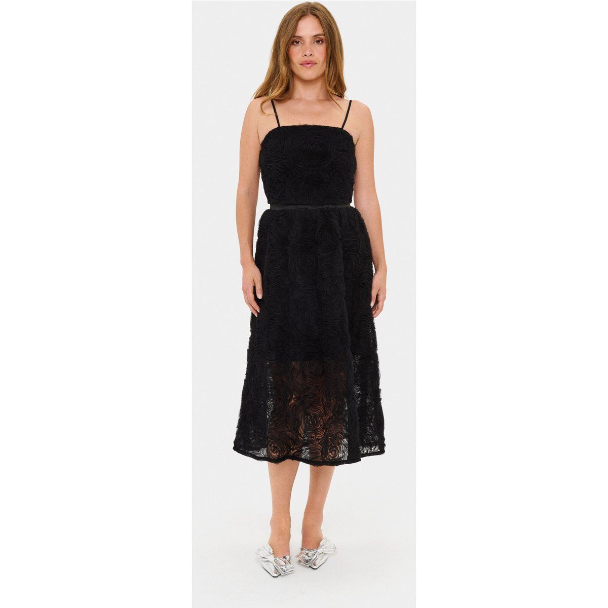 Strukturiertes Midi-Kleid mit Rosetten