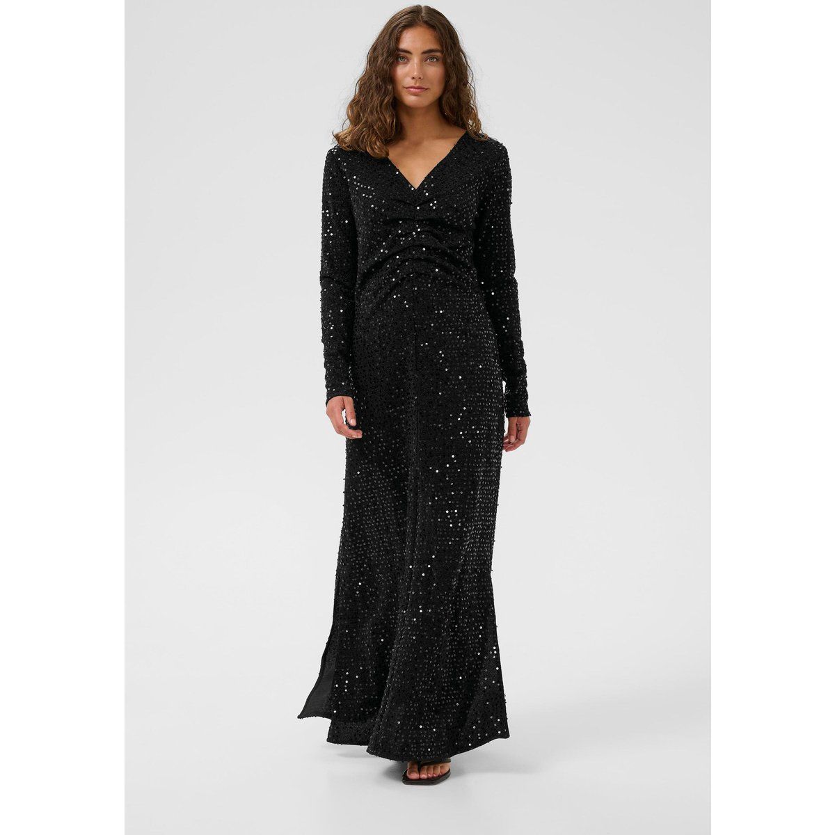 Gerafftes Pailletten-Maxikleid mit V-Ausschnitt