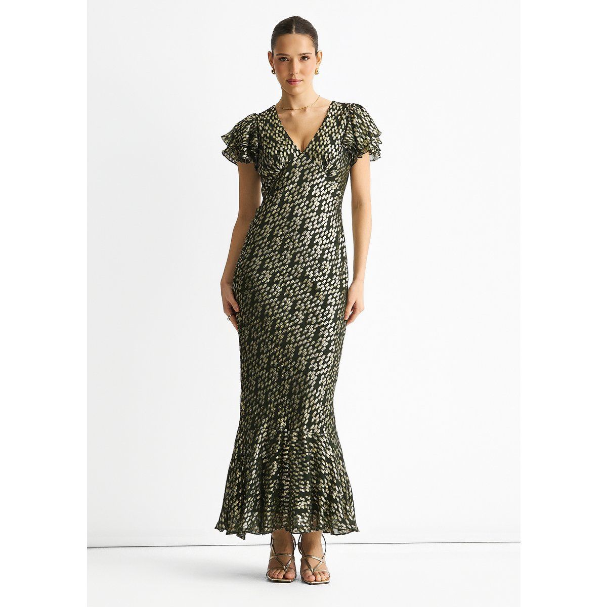 Elegante Jacquard-Abendrobe mit Flatterärmeln