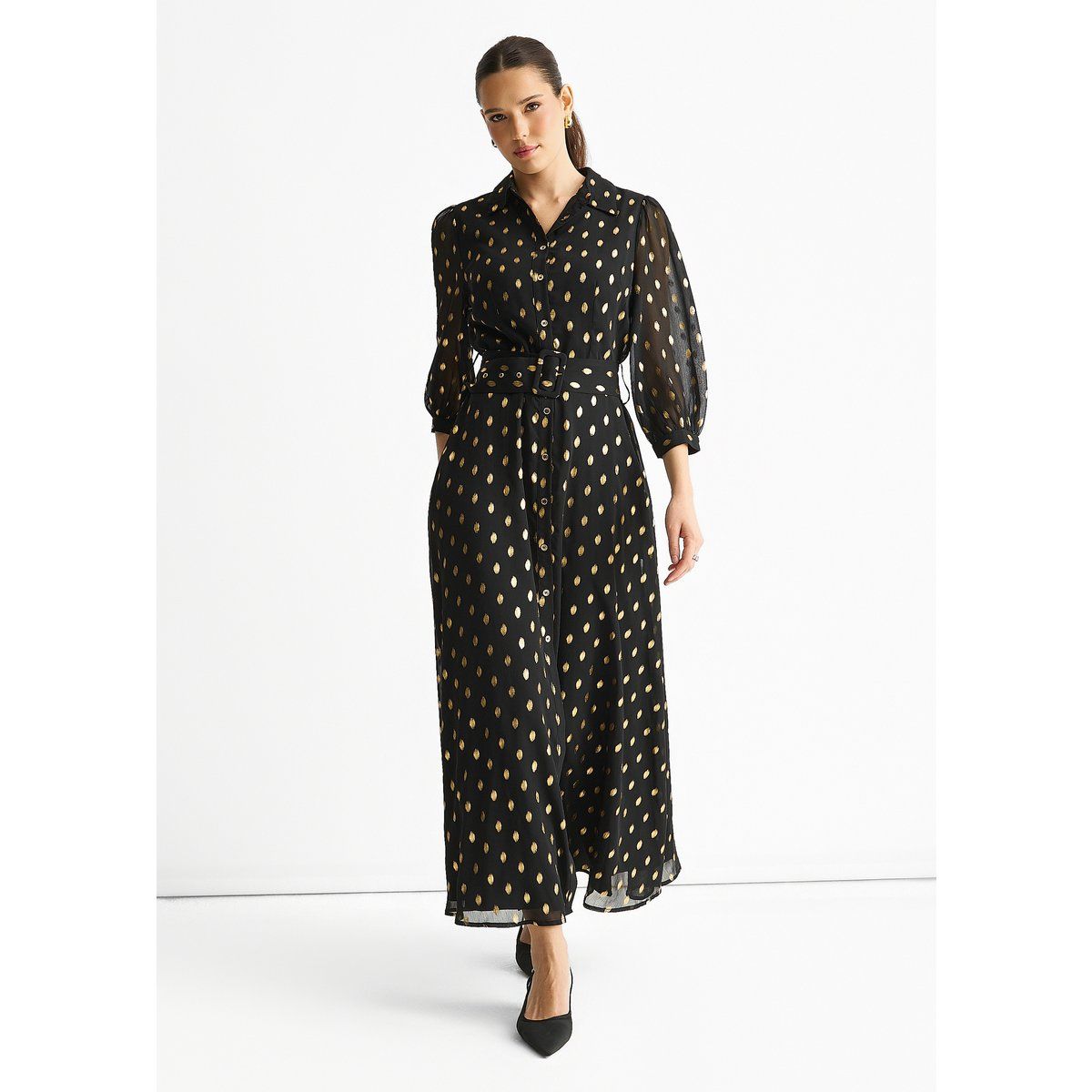 Schimmerndes Chiffon-Maxi-Kleid mit Folienprint