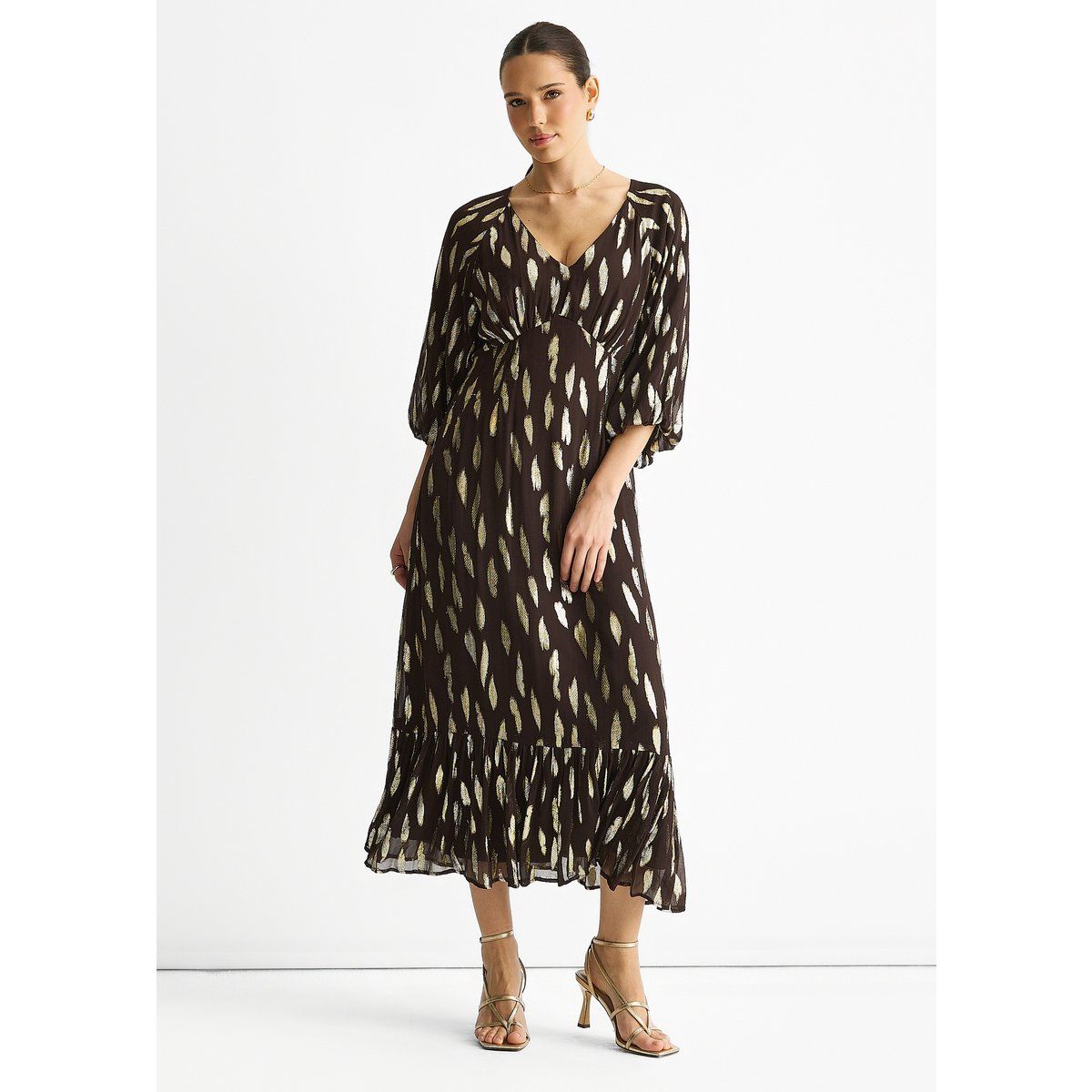 Maxikleid mit Metallic-Federmuster