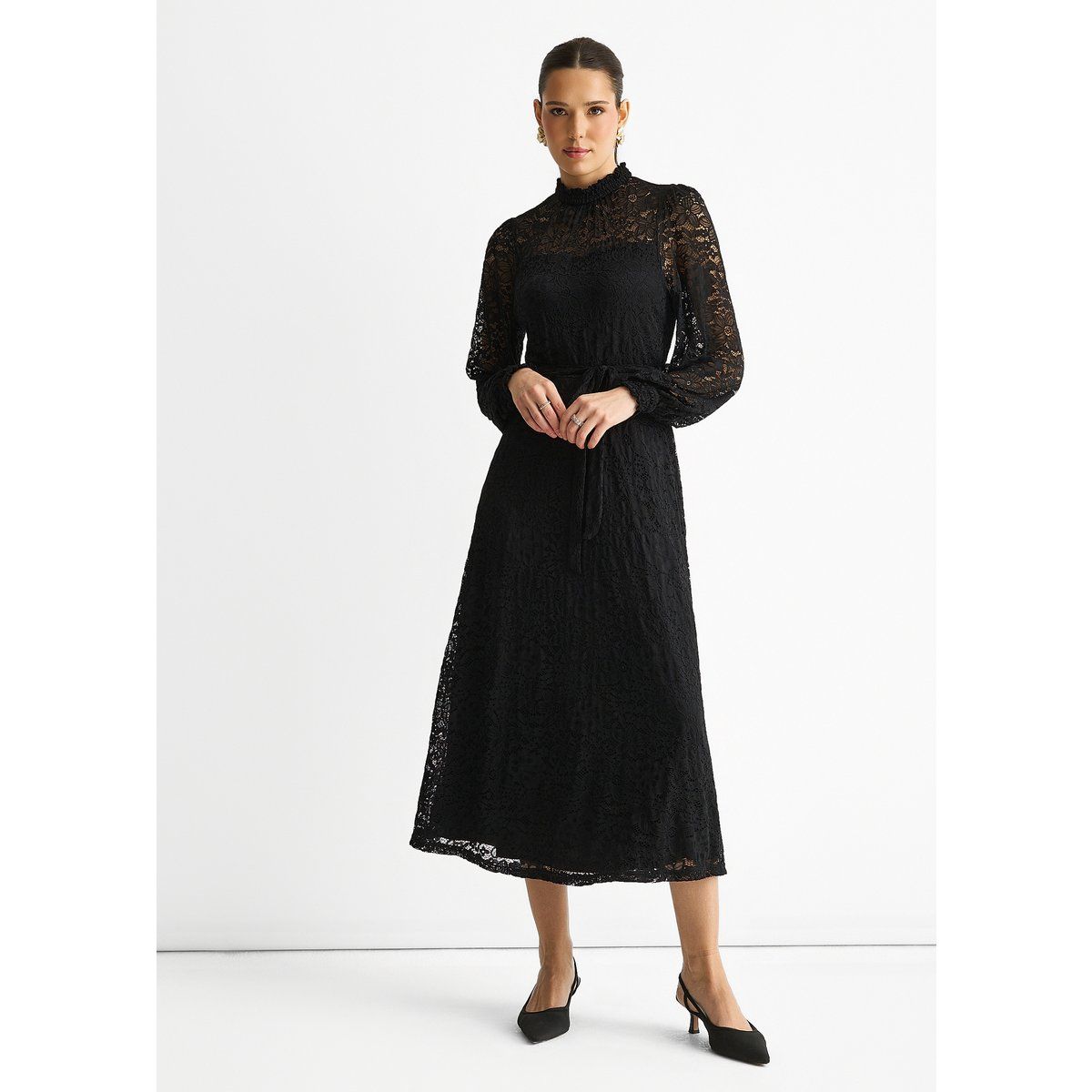 Spitzen-Midikleid mit hohem Kragen