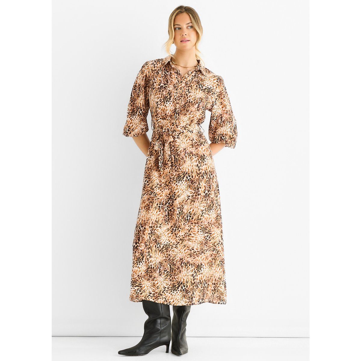 Midi-Hemdblusenkleid mit Leopardenmuster