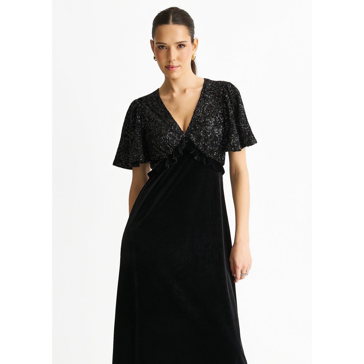 Samt-Midikleid mit Pailletten-Oberteil