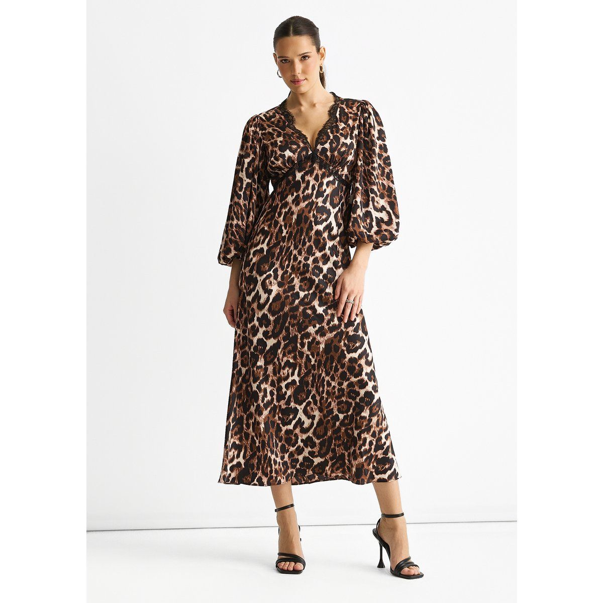 Leopard-Midikleid mit Spitzenbesatz