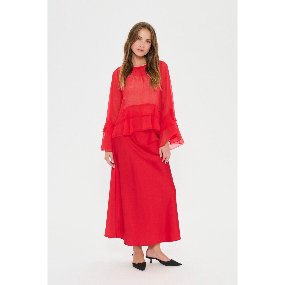 Transparente Bluse mit Volants