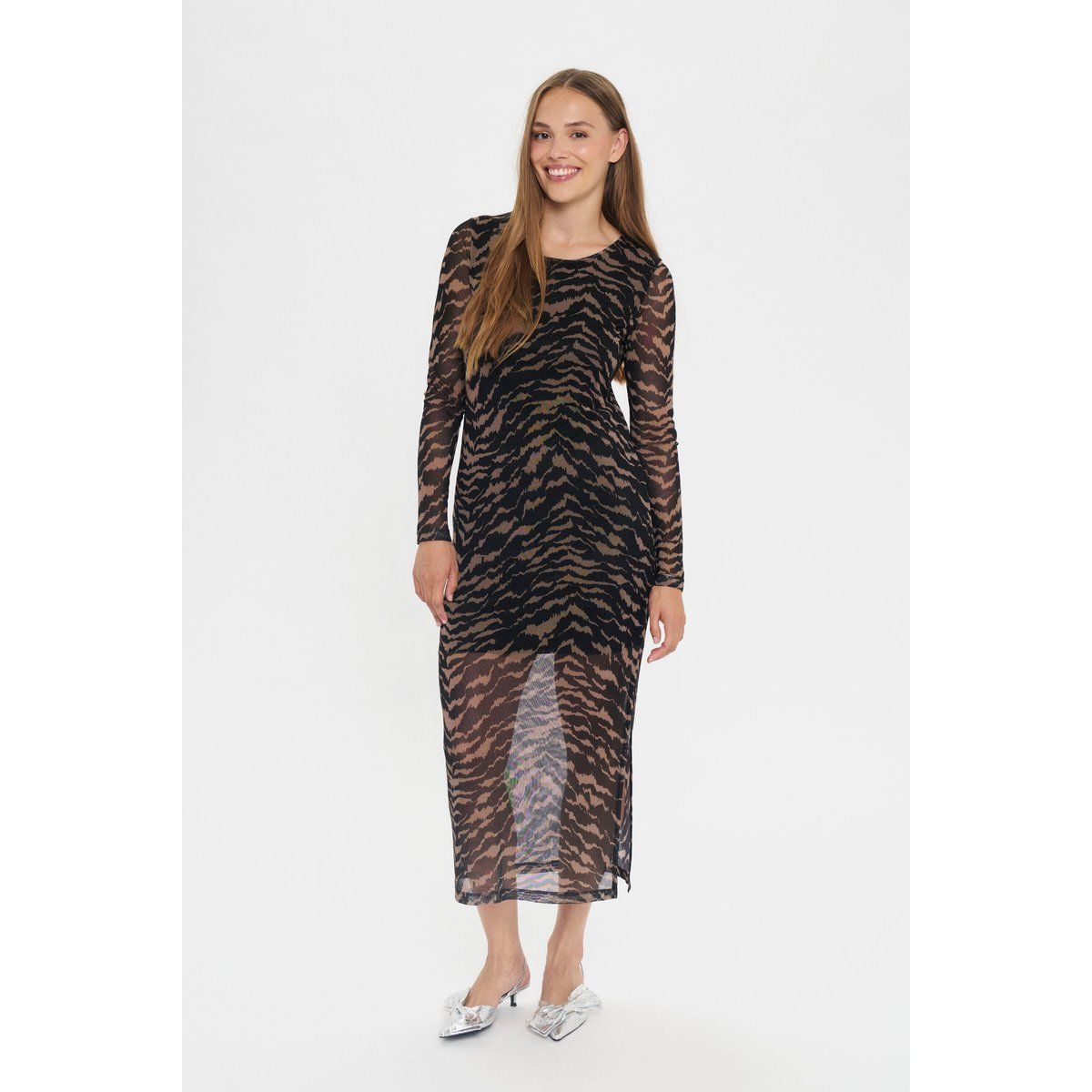 Figurbetontes Mesh-Midikleid mit Langarm