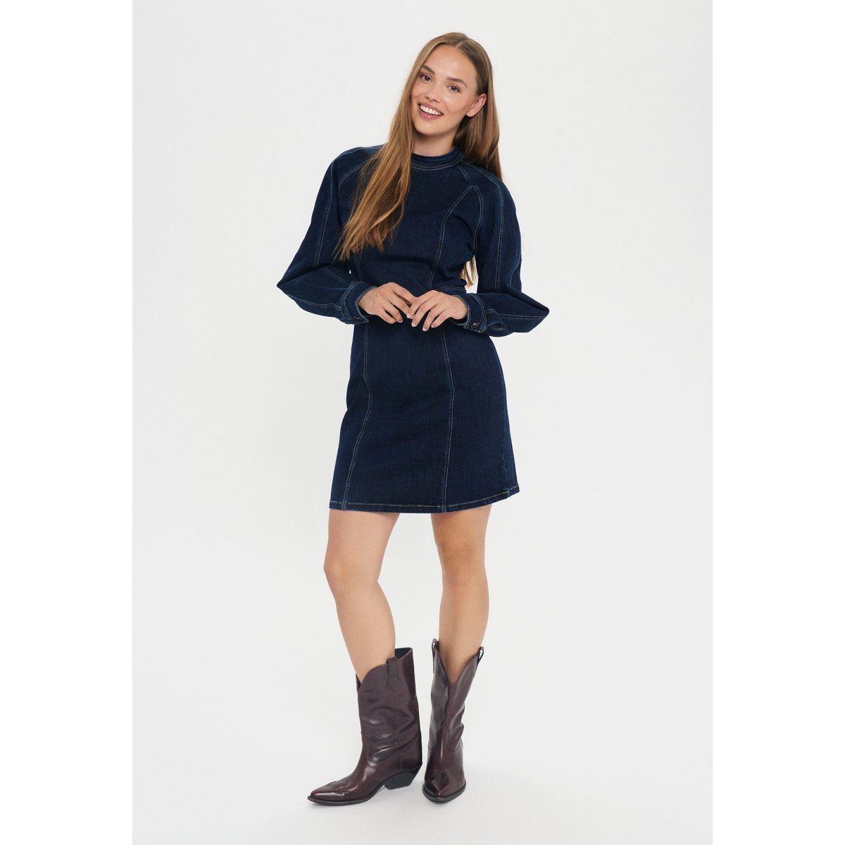 Tailliertes Denim-Minikleid mit Ballonärmeln