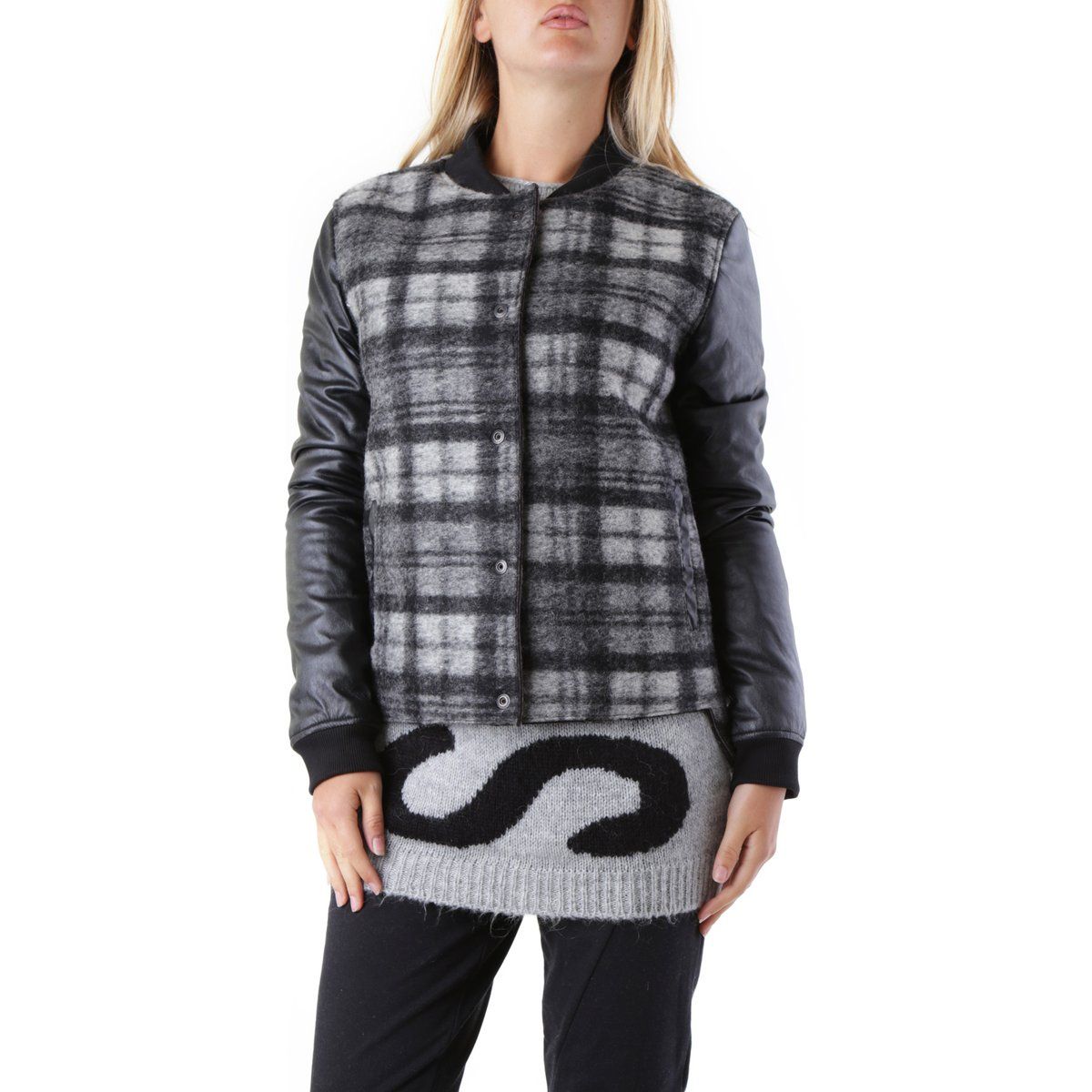 Karierte Bomberjacke im Materialmix