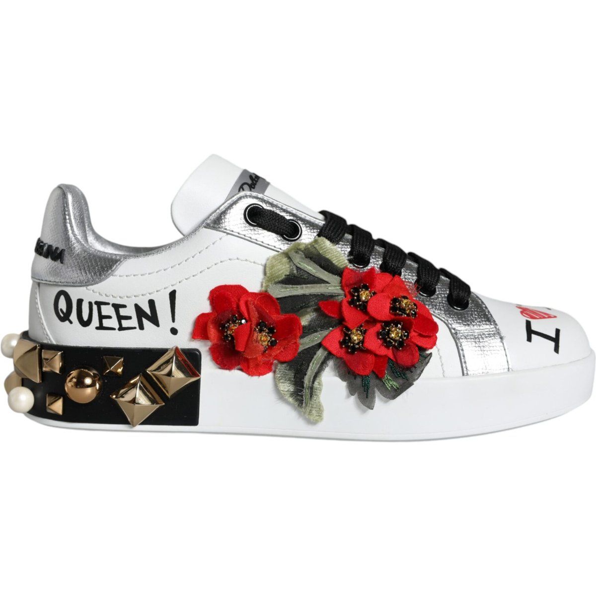 Verzierte Leder-Sneaker mit Blumen und Nieten